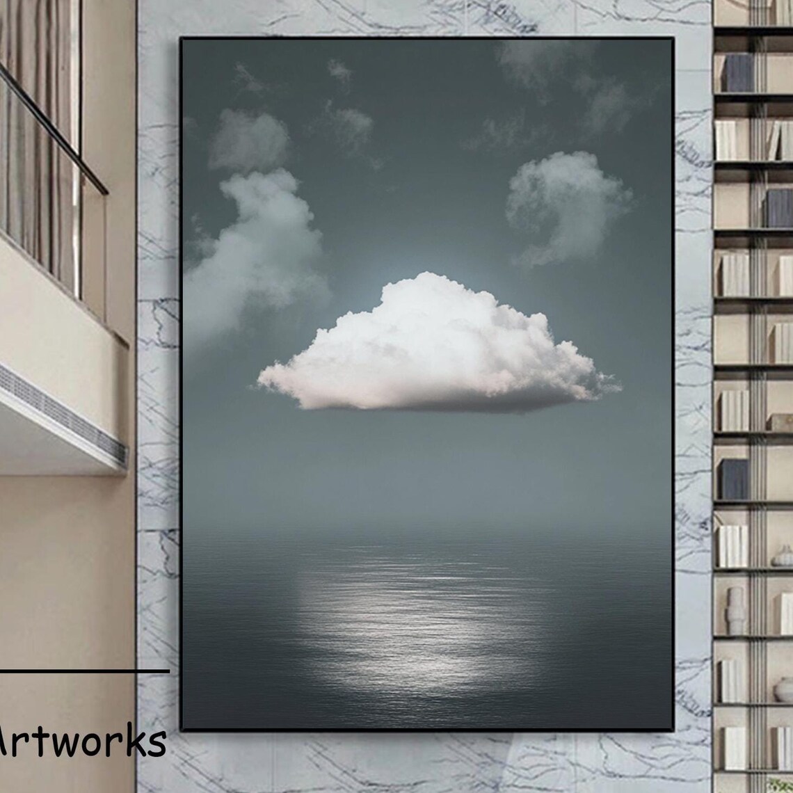 White Cloud Over Dark Sea Gray Sky Minimalist Art Wall Poster