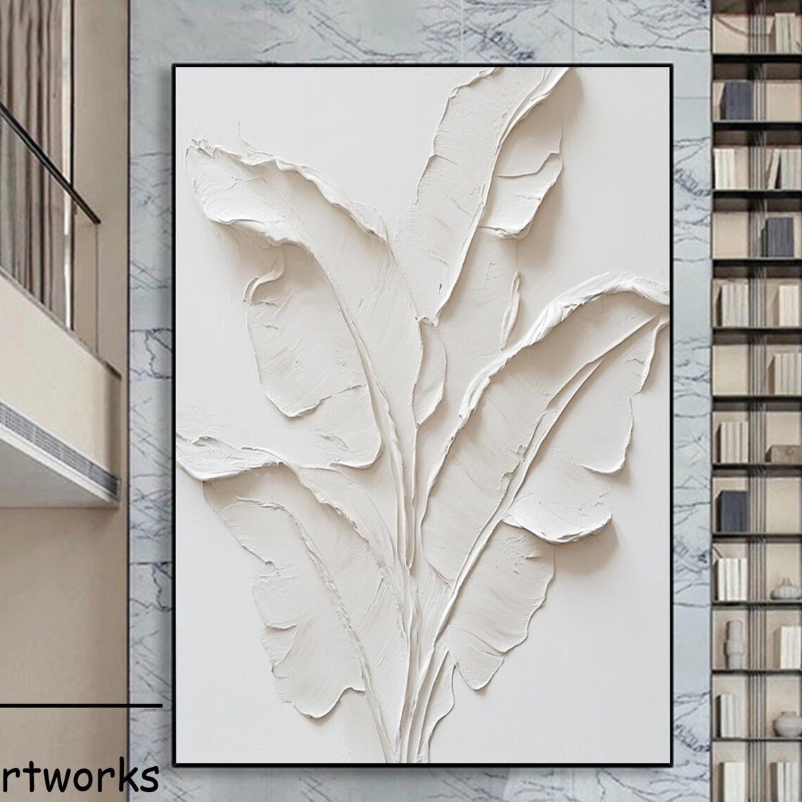 White Banana Leaves in Raised Plaster Relief Botanical Wall Art