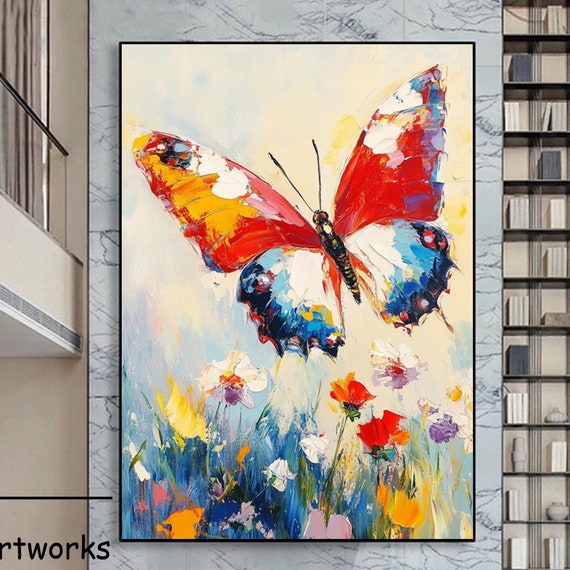 Original Colorful Butterfly Oil Painting Large Boho Wall Art Custom Flower Painting Modern Abstract Butterfly Wall Art Living Room Decor