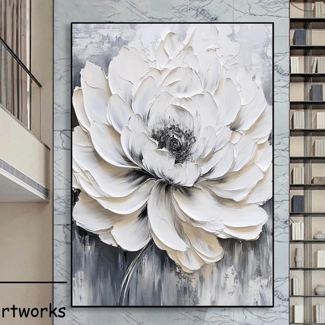 White Flower With Dark Center On Gray Dramatic Floral Art Poster
