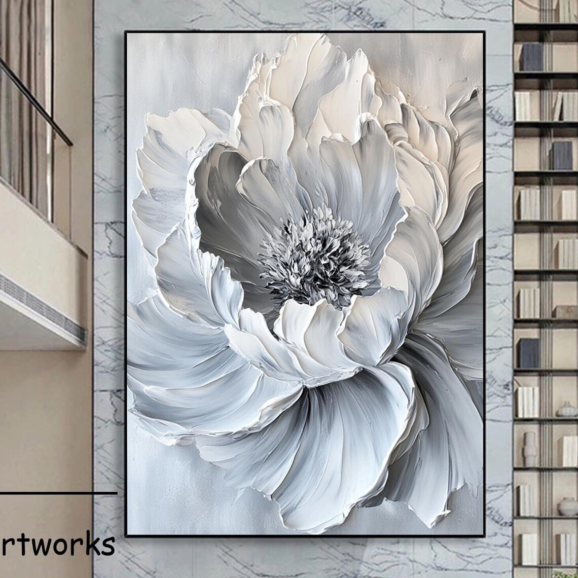 Large Gray And White Swirling Flower 3D Textured Bloom Poster