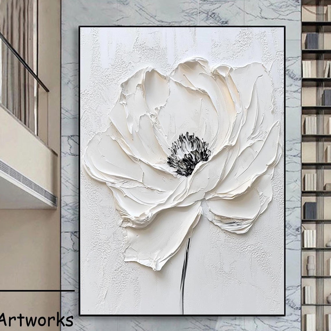 White Flower With Black Center 3D Relief Minimalist Art Poster
