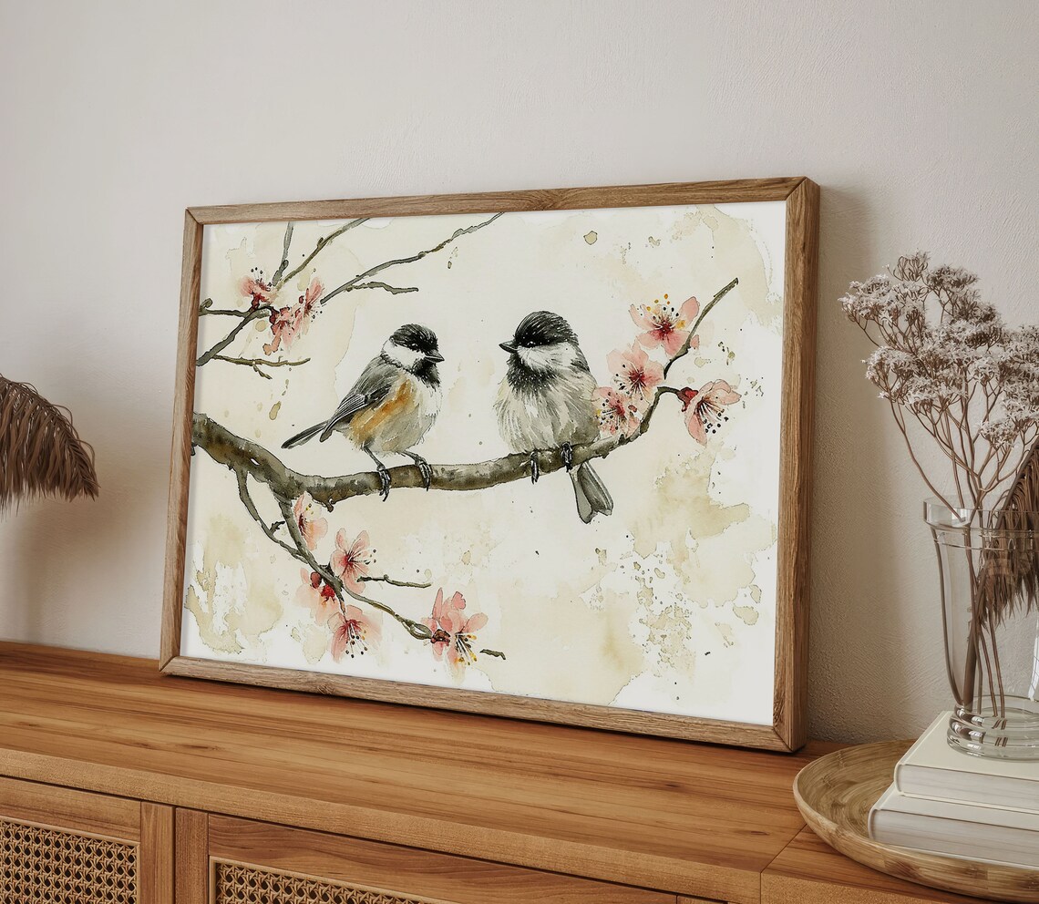 Chickadee Couple Birds Watercolor Art Print, Sakura - Image 4