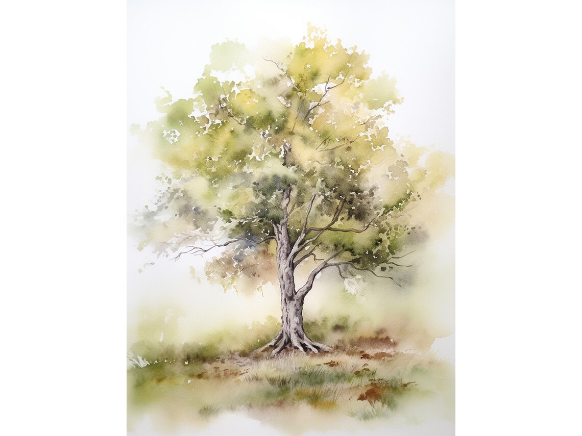 Oak Tree Watercolor Art Print, Neutral Summer Tree