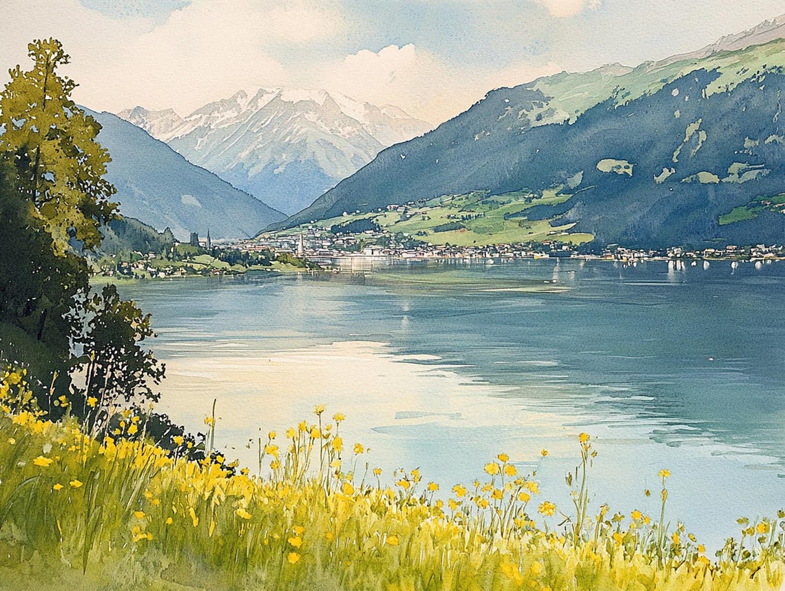 Tranquil Alpine Lake Village Beneath Snowcapped Mountains Poster