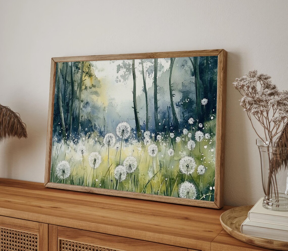 Summer Field Fluffy Dandelion Watercolor Art Print - Image 4