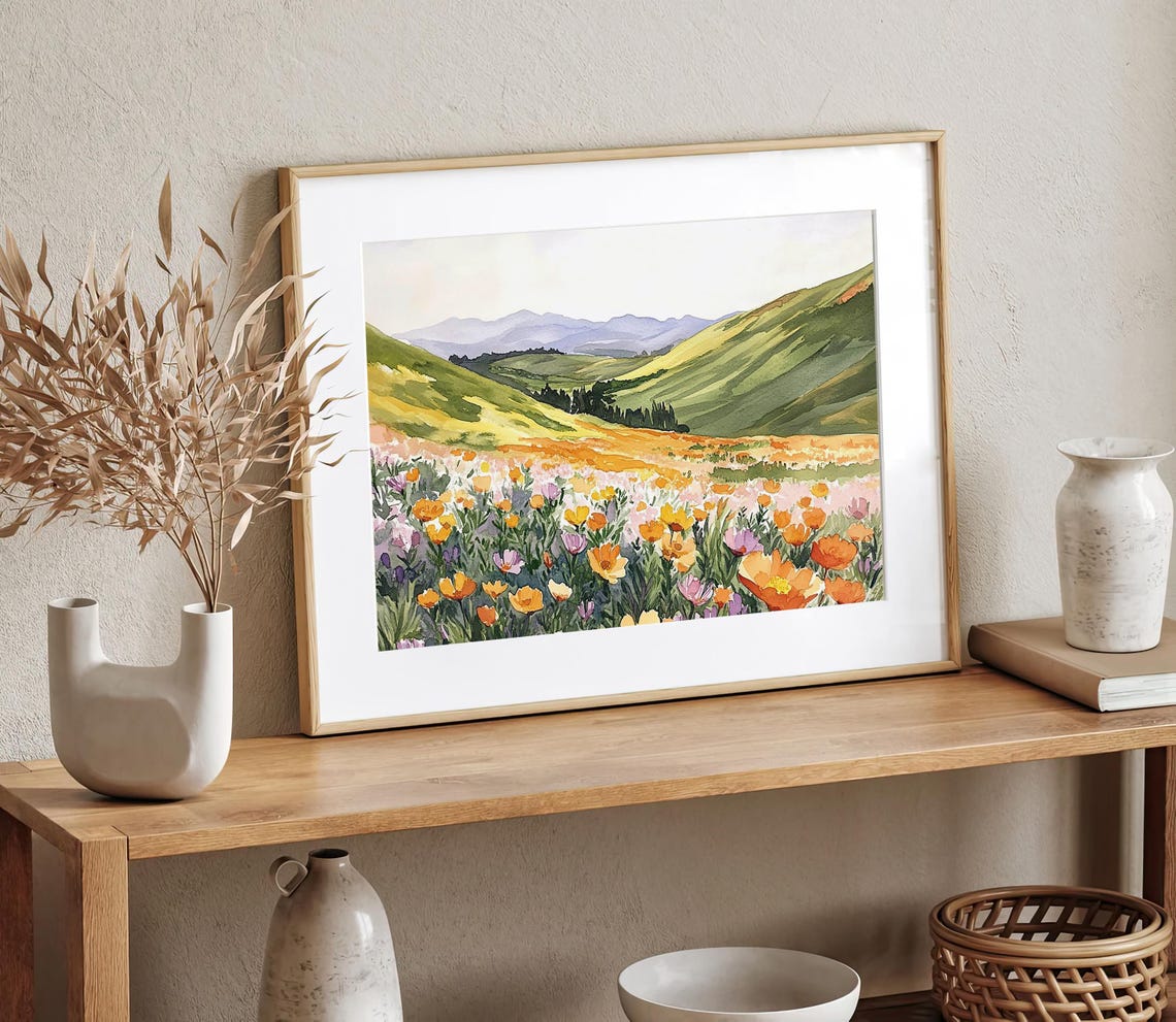 California Poppy Fields Blooming Orange Wildflowers Watercolor Poster - Image 2