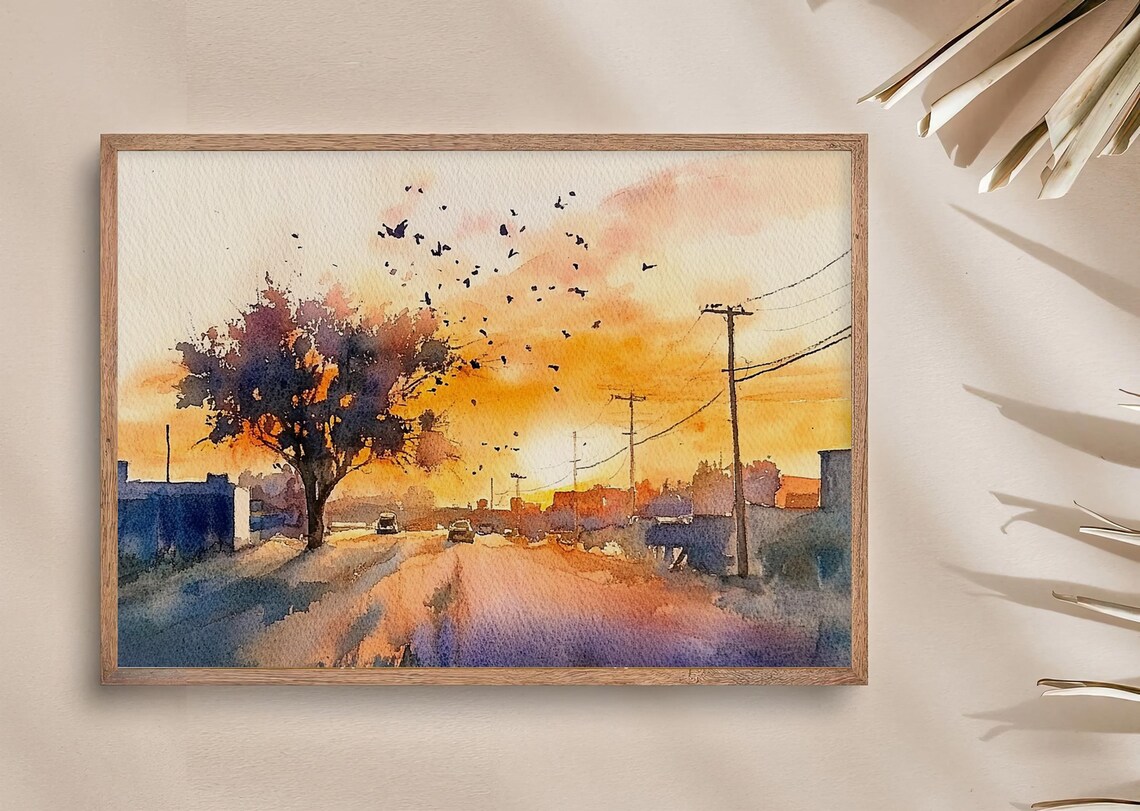 Sunset Street Flock of Birds Orange Sky Watercolor City Poster - Image 3
