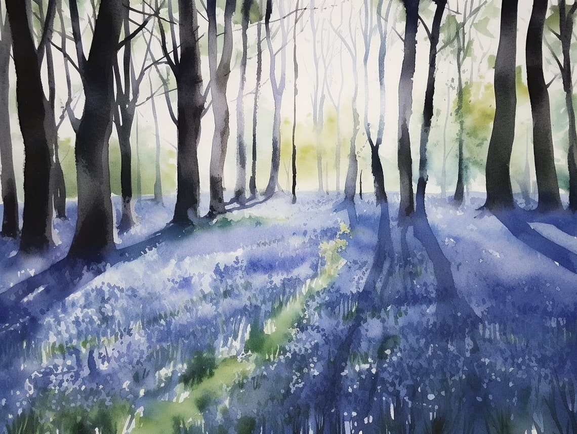 Enchanted Bluebell Forest with Towering Sunlit Trees Watercolor Poster