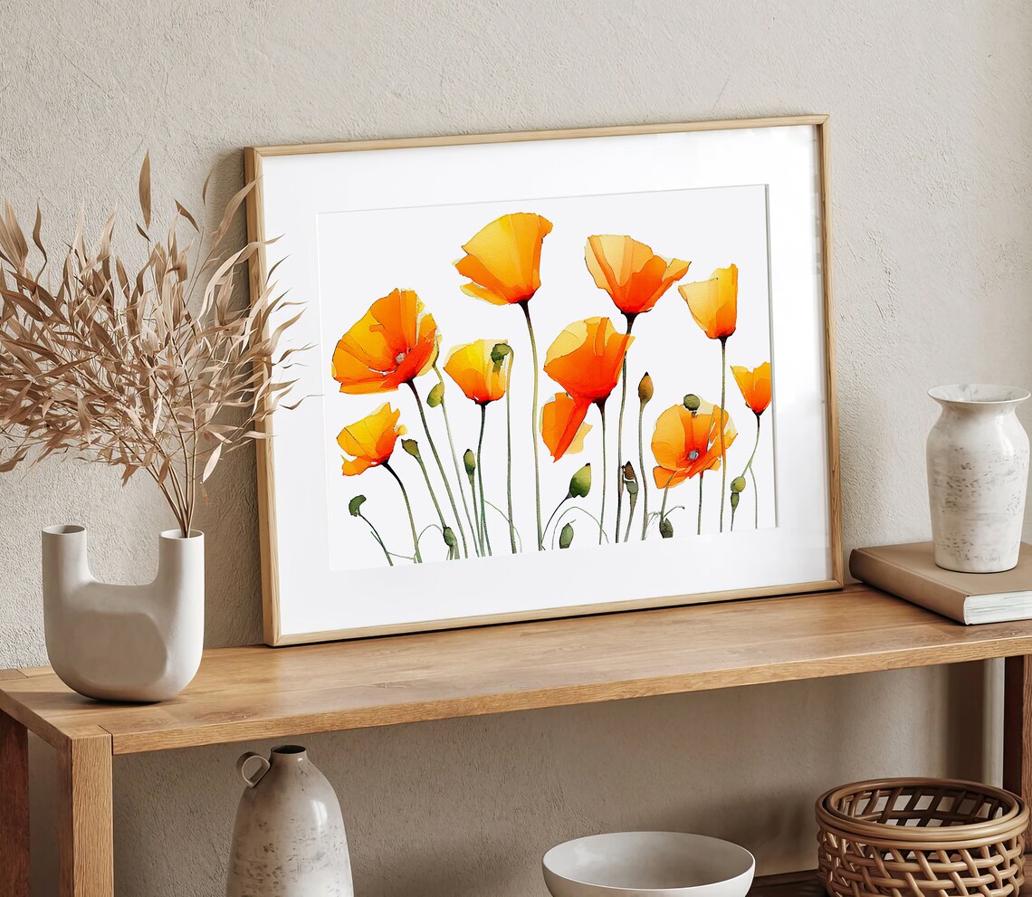 California Poppy Watercolor Print, Neutral Floral Art - Image 5