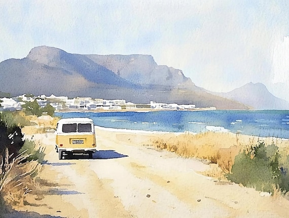 Cape Town Beach Table Mountain Kombi Van Watercolor Travel Poster