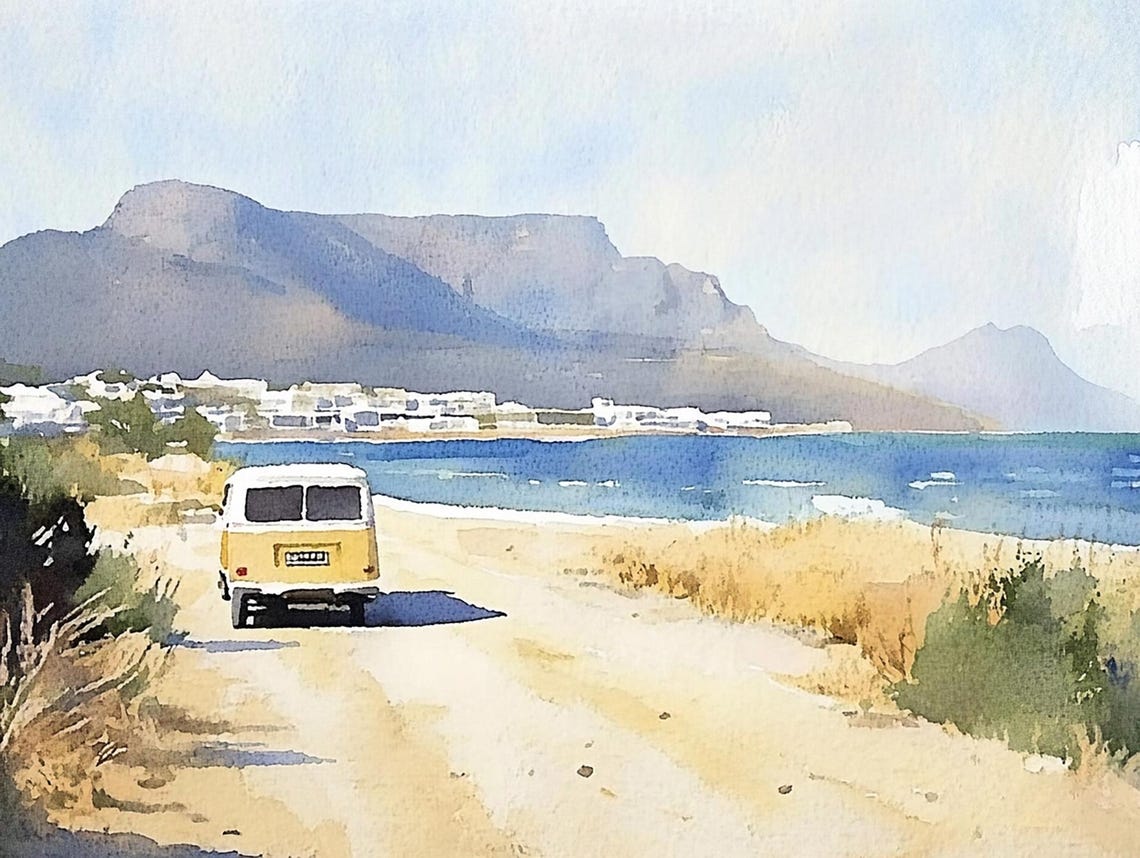 Cape Town Beach Table Mountain Kombi Van Watercolor Travel Poster