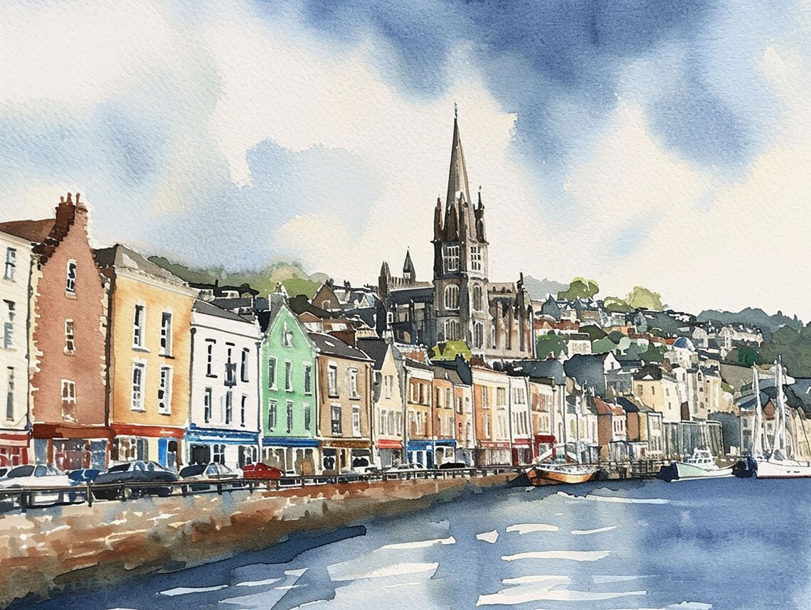 Cobh Ireland Watercolor Travel Poster, Irish Town