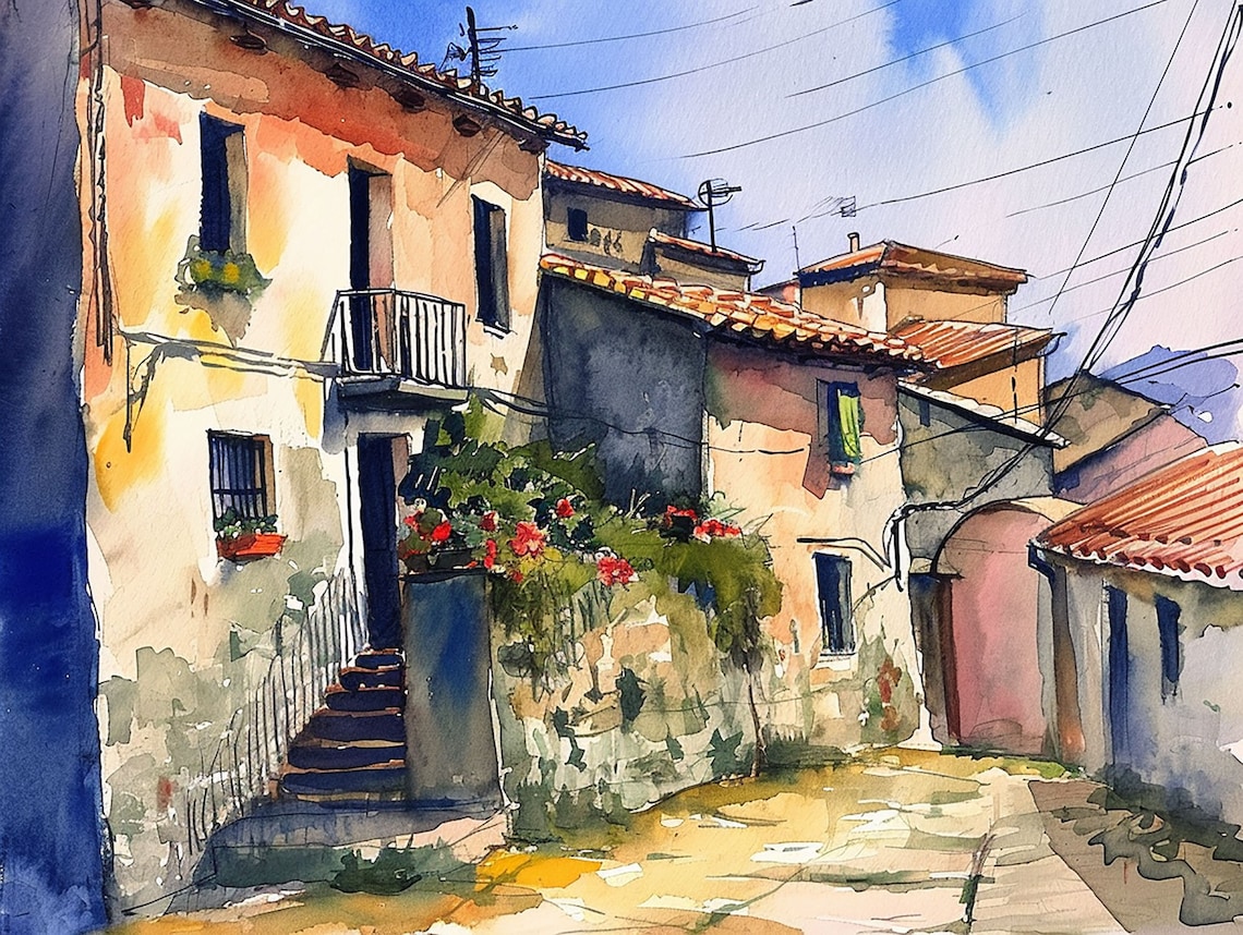 Calabria Watercolor Travel Poster, Italian Village View