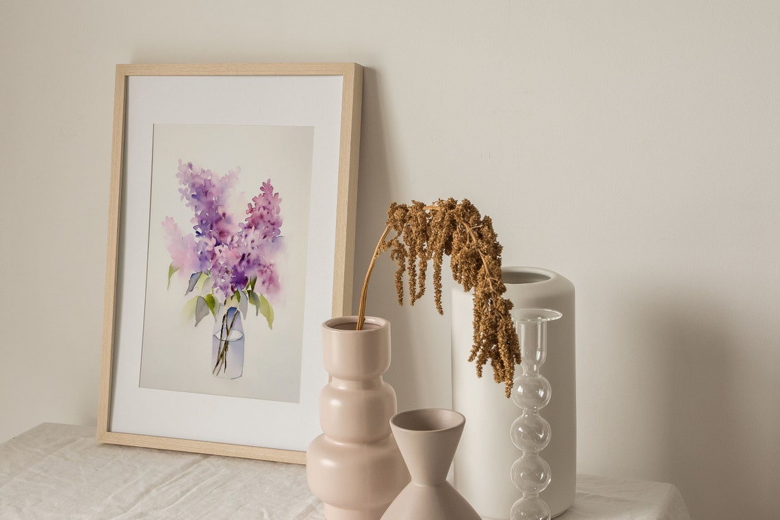 Purple Lilac Blossoms in Glass Vase Watercolor Floral Poster - Image 2