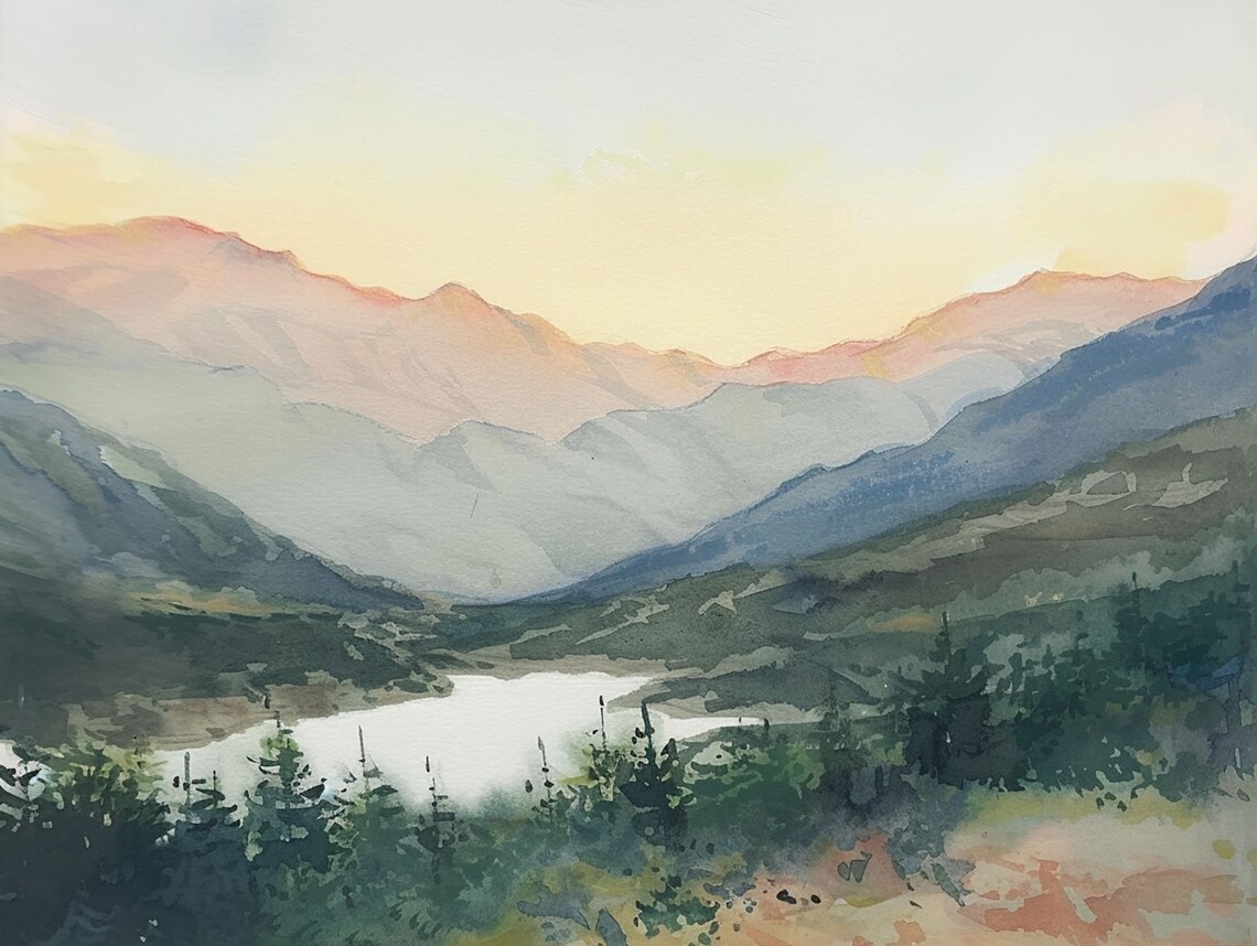 Smoky Mountains Watercolor Art Print, Sunrise Landscape