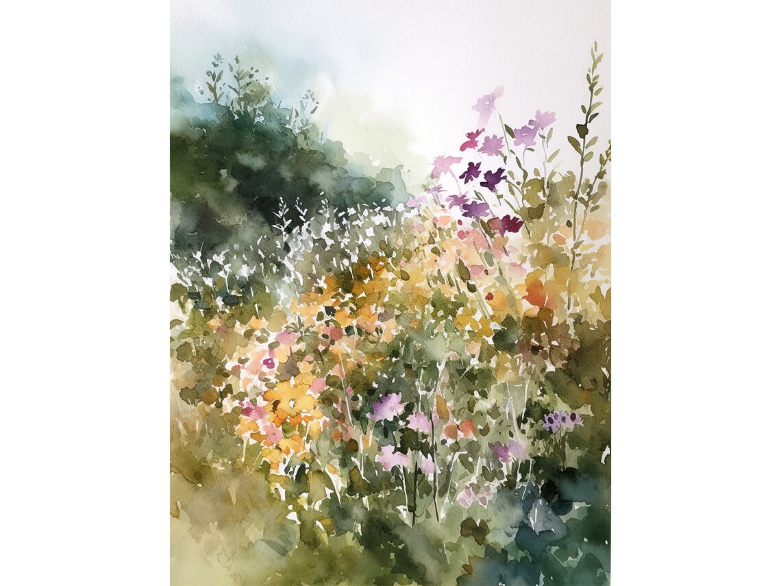 Field Of Flowers Watercolor Art Print, Wildflowers