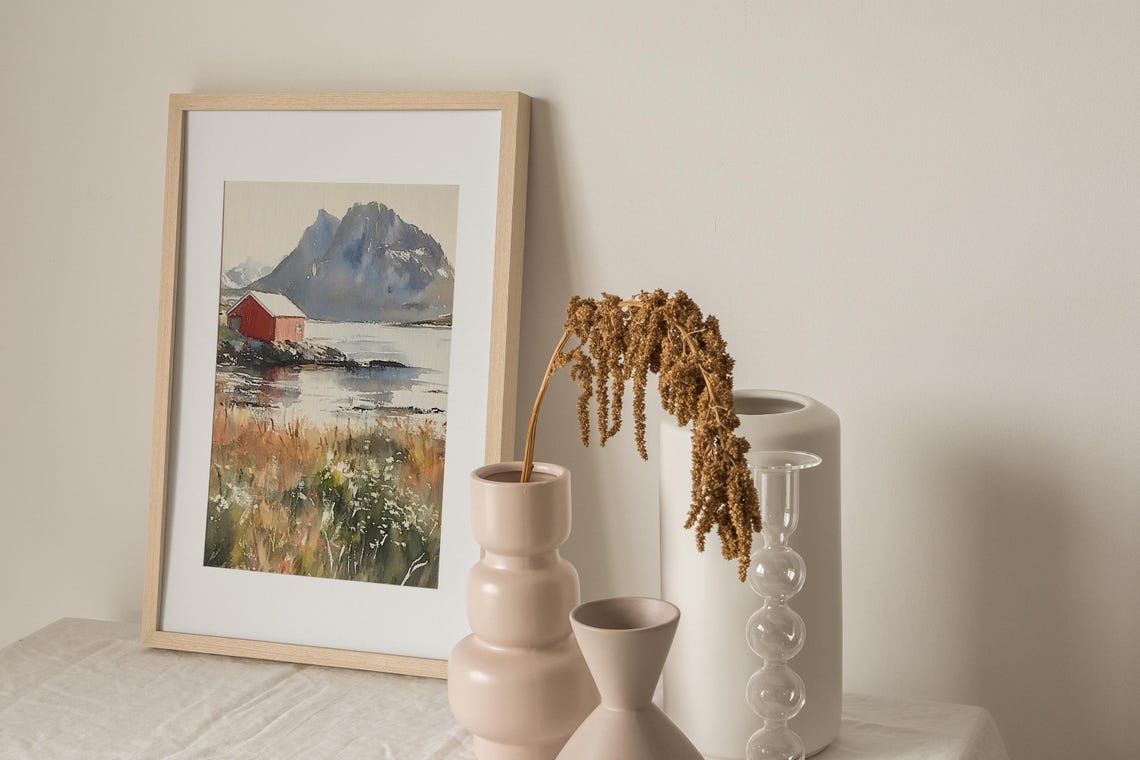 Red Cabin on a Nordic Fjord Beneath Mountain Peaks Watercolor Poster - Image 3
