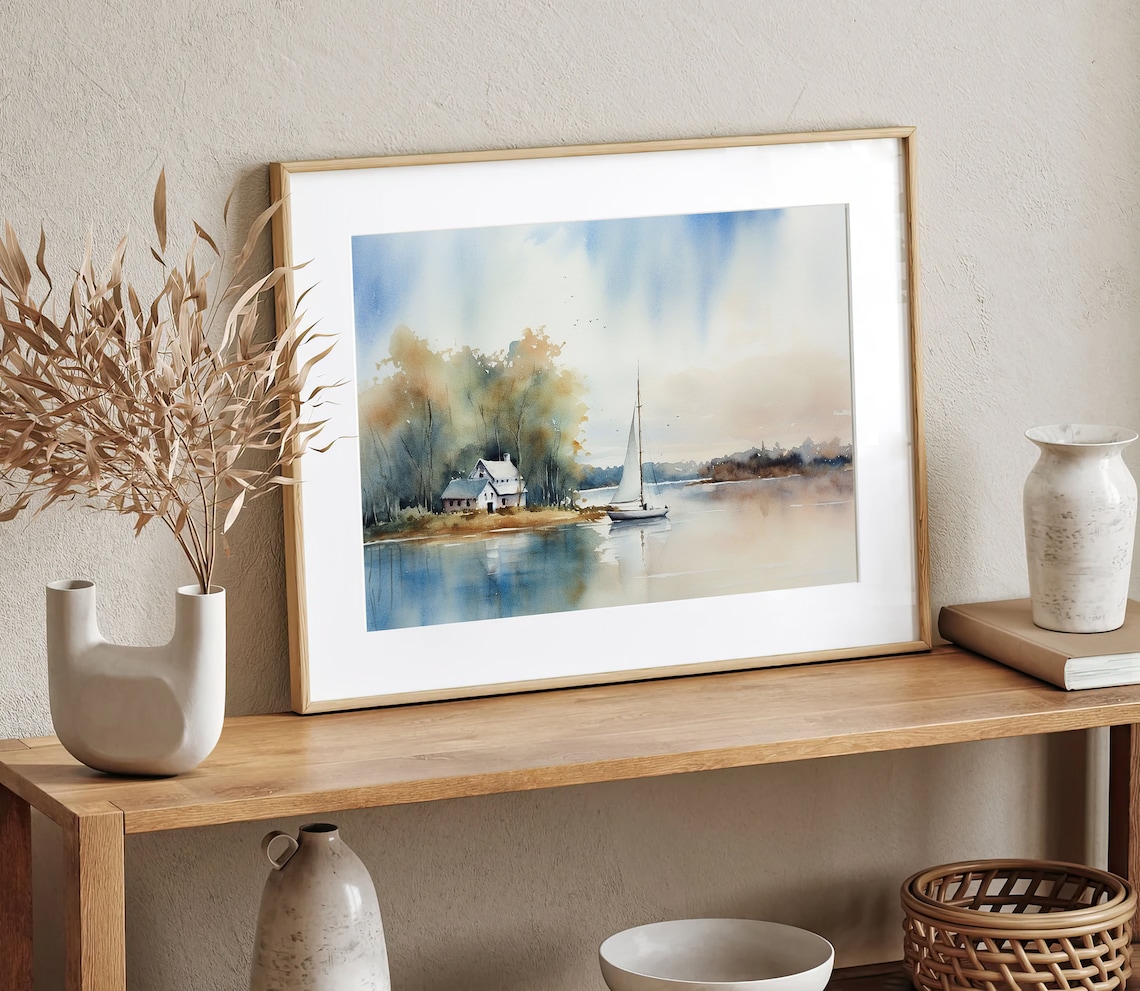 Michigan Lake Sailing Landscape Watercolor Art Print - Image 3