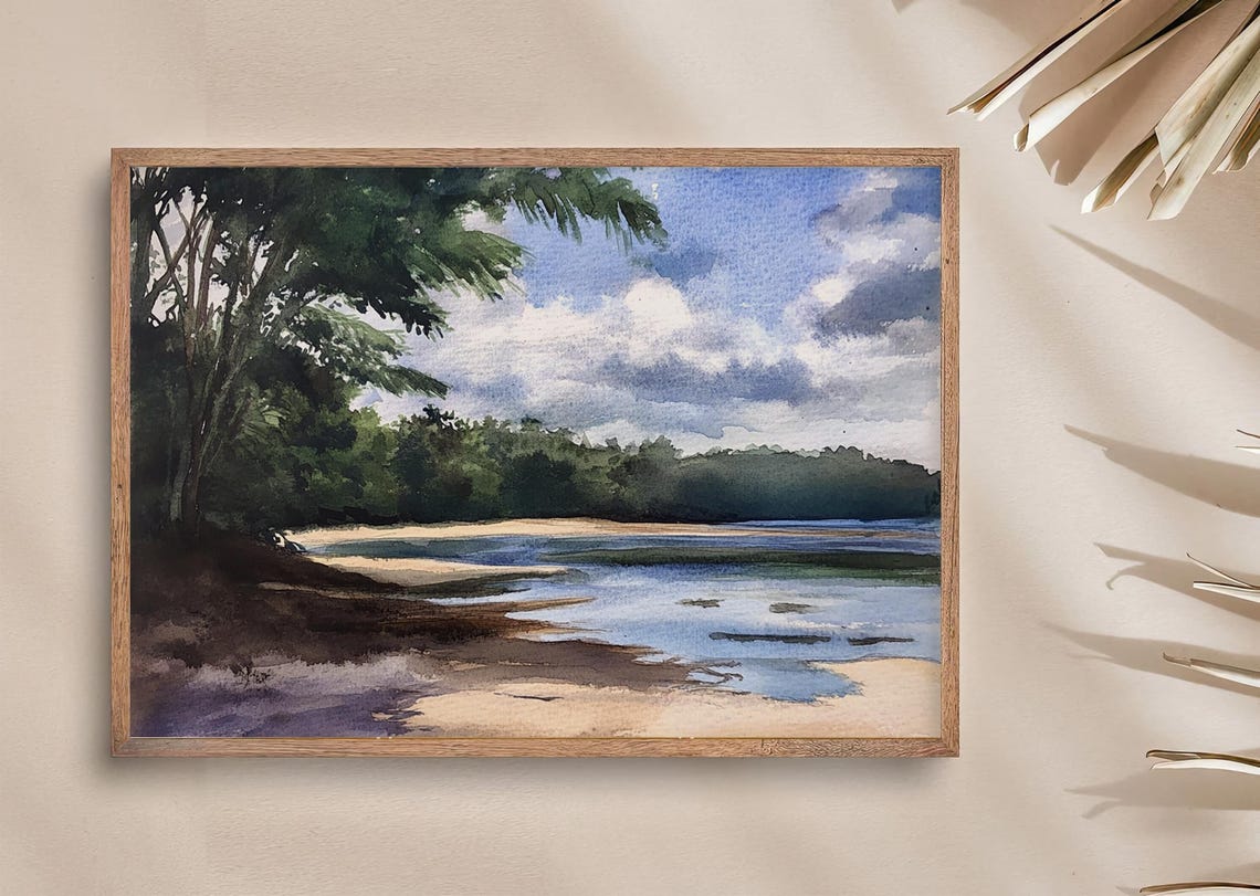 Tropical Beach Lagoon Watercolor Landscape Poster with Palm Trees - Image 3