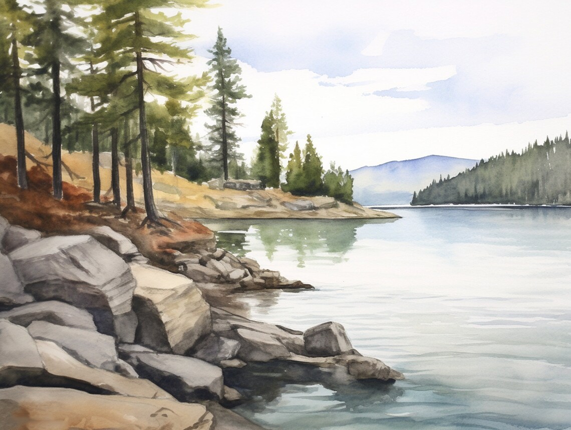 Lake Coeur d'Alene Watercolor Art Print, Idaho Landscape