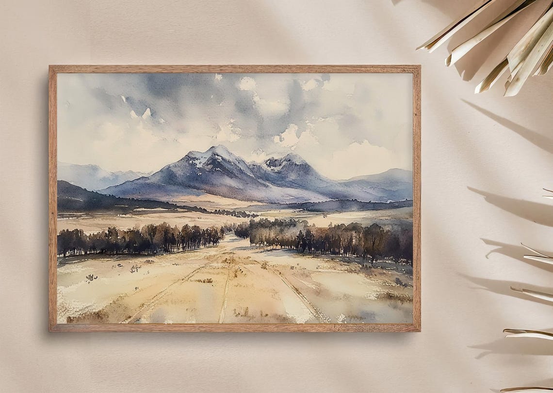 Open Plain Valley Snow Capped Mountains Big Sky Watercolor Poster - Image 3