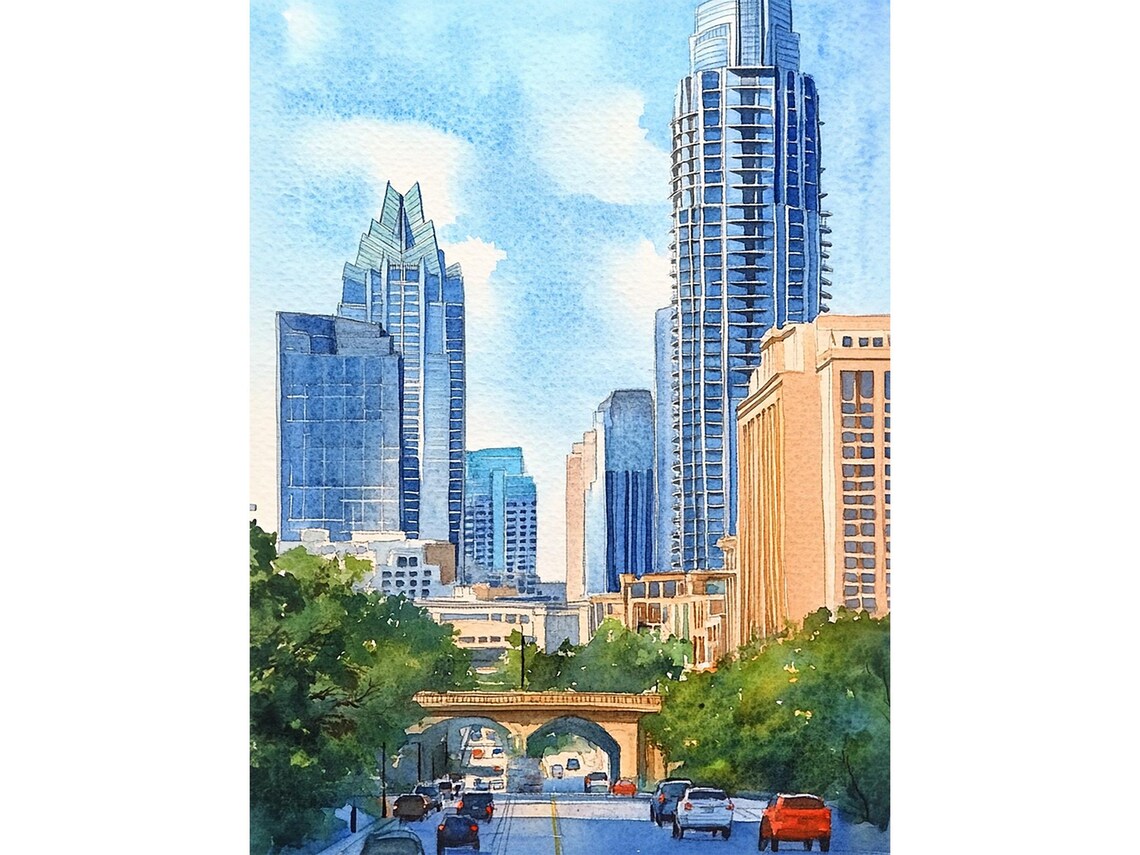 Austin Texas Downtown Skyline Watercolor Cityscape Travel Poster