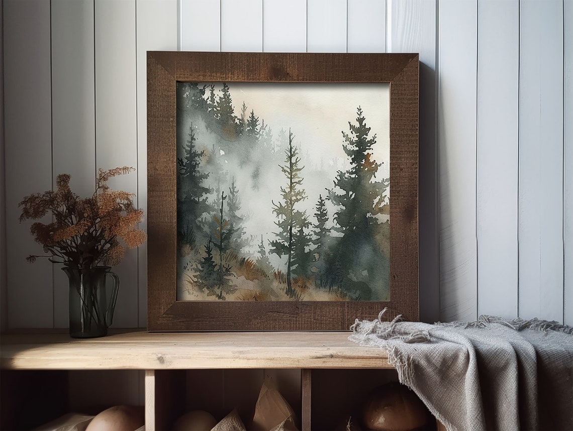 Misty Pine Forest with Foggy Peaks Watercolor Landscape Wall Art - Image 3