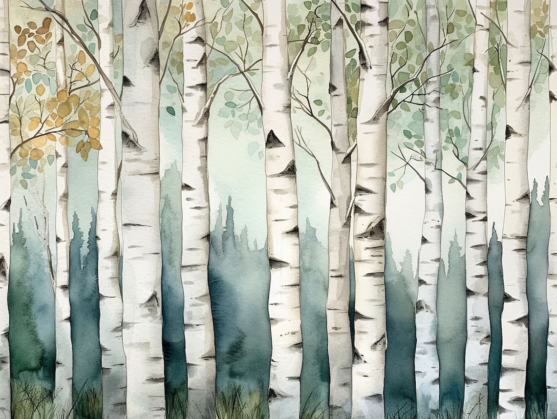 Birch Trees Watercolor Forest Art Print, Neutral Fall