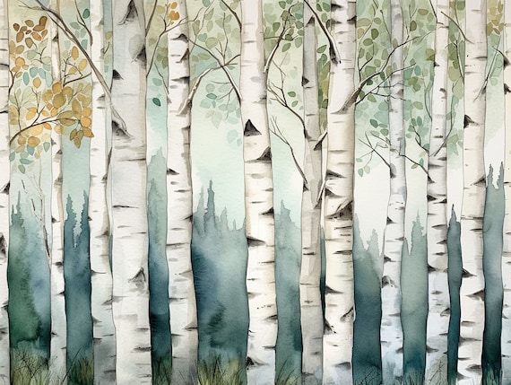 Birch Trees Watercolor Forest Art Print, Neutral Fall