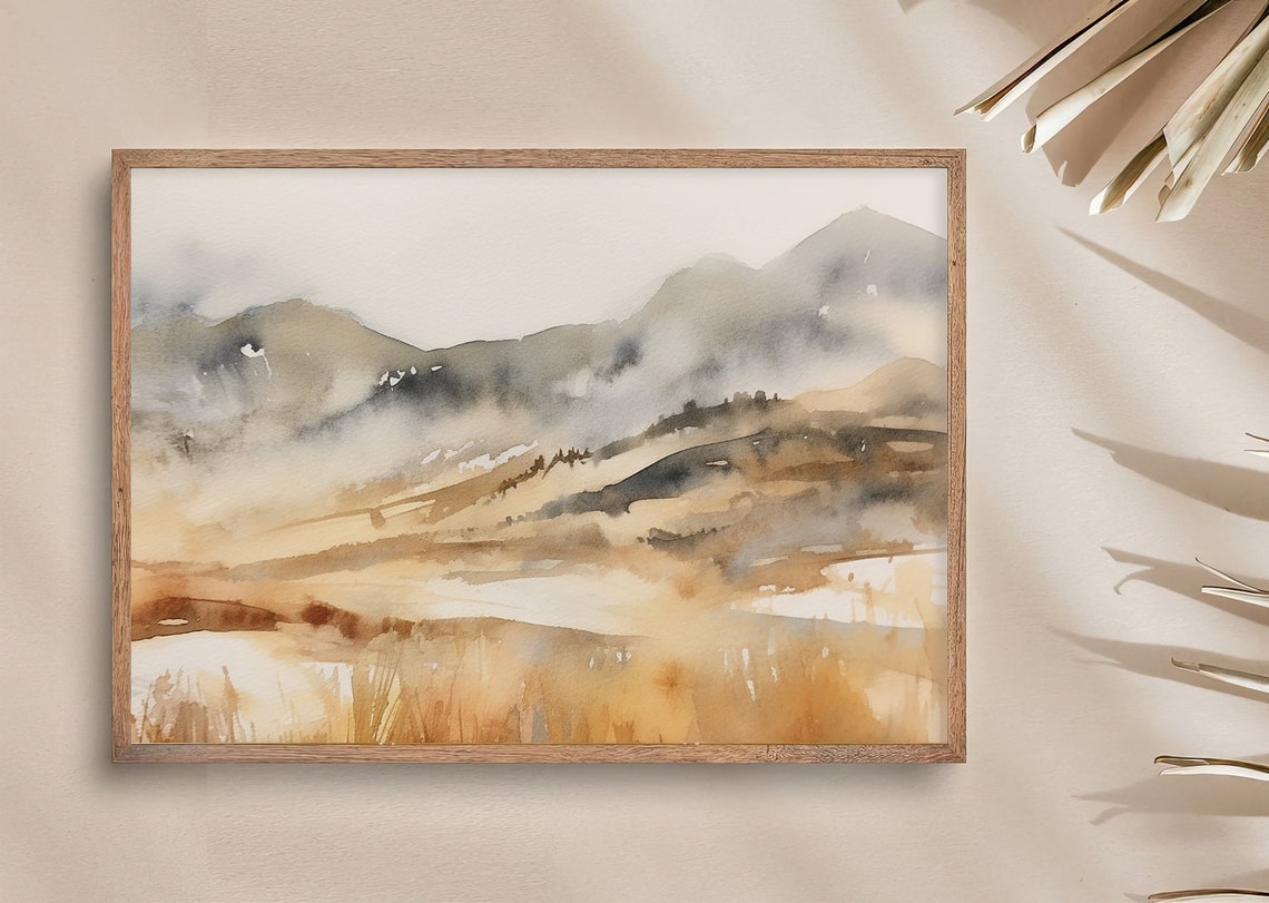 Misty Beige Mountain Hills Abstract Watercolor Landscape Poster - Image 3