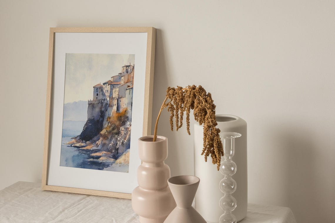 Sunlit Cliffside Village Overlooking the Mediterranean Coast Poster - Image 2