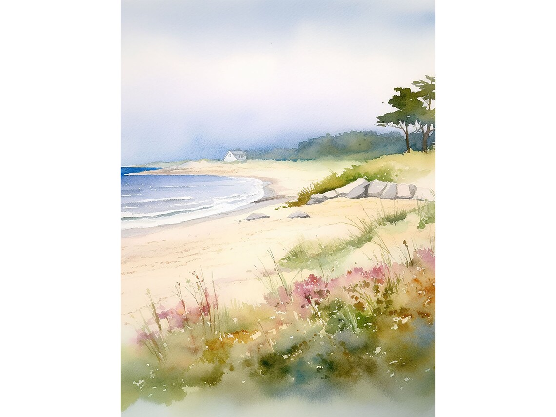 Cape Cod Coastal Watercolor Art Print, Beach Scene