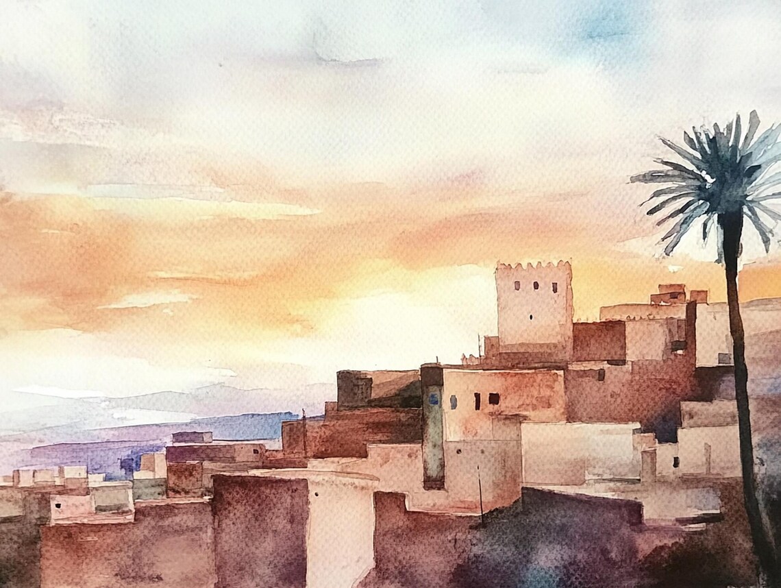 Marrakesh Watercolor Art Print, Morocco Travel Poster