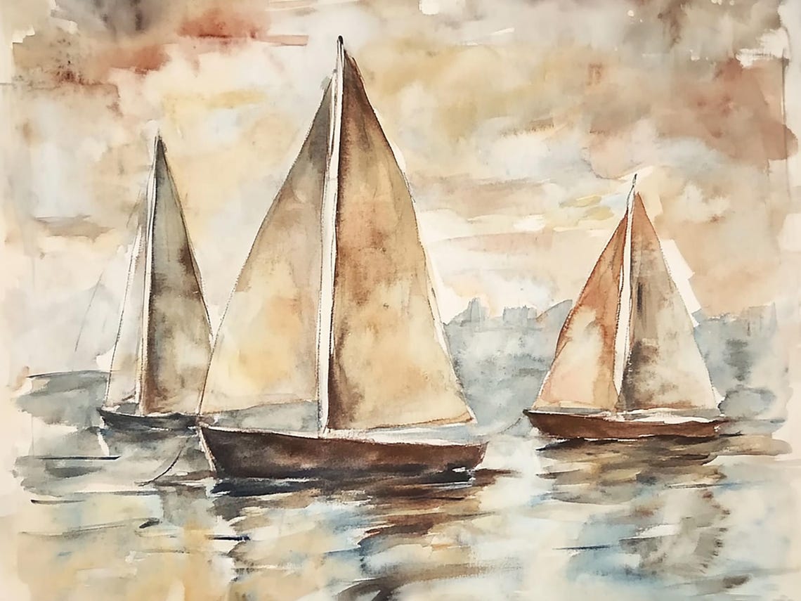 Three Sailboats Gliding Across a Soft Sunset Sea Watercolor Poster