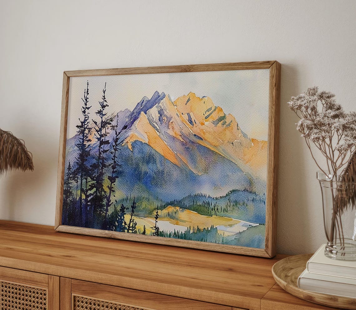 Sunrise Mountain Peaks Orange Purple Alpine Watercolor Poster - Image 4