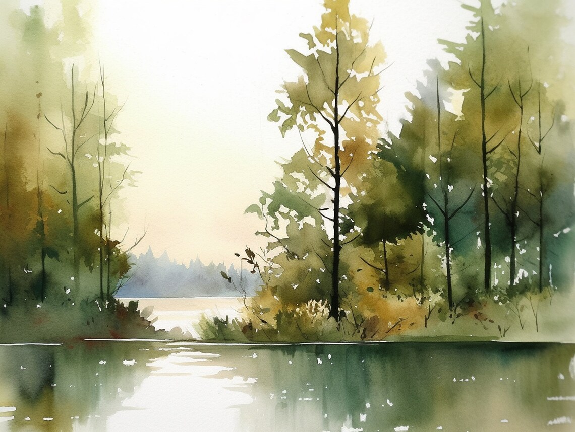 Lake Ontario Watercolor Print, Neutral Forest Landscape