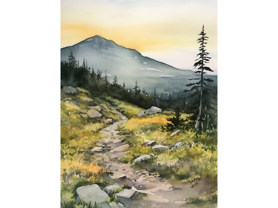Rocky Mountain Hiking Trail to Misty Peak Sunset Watercolor Poster