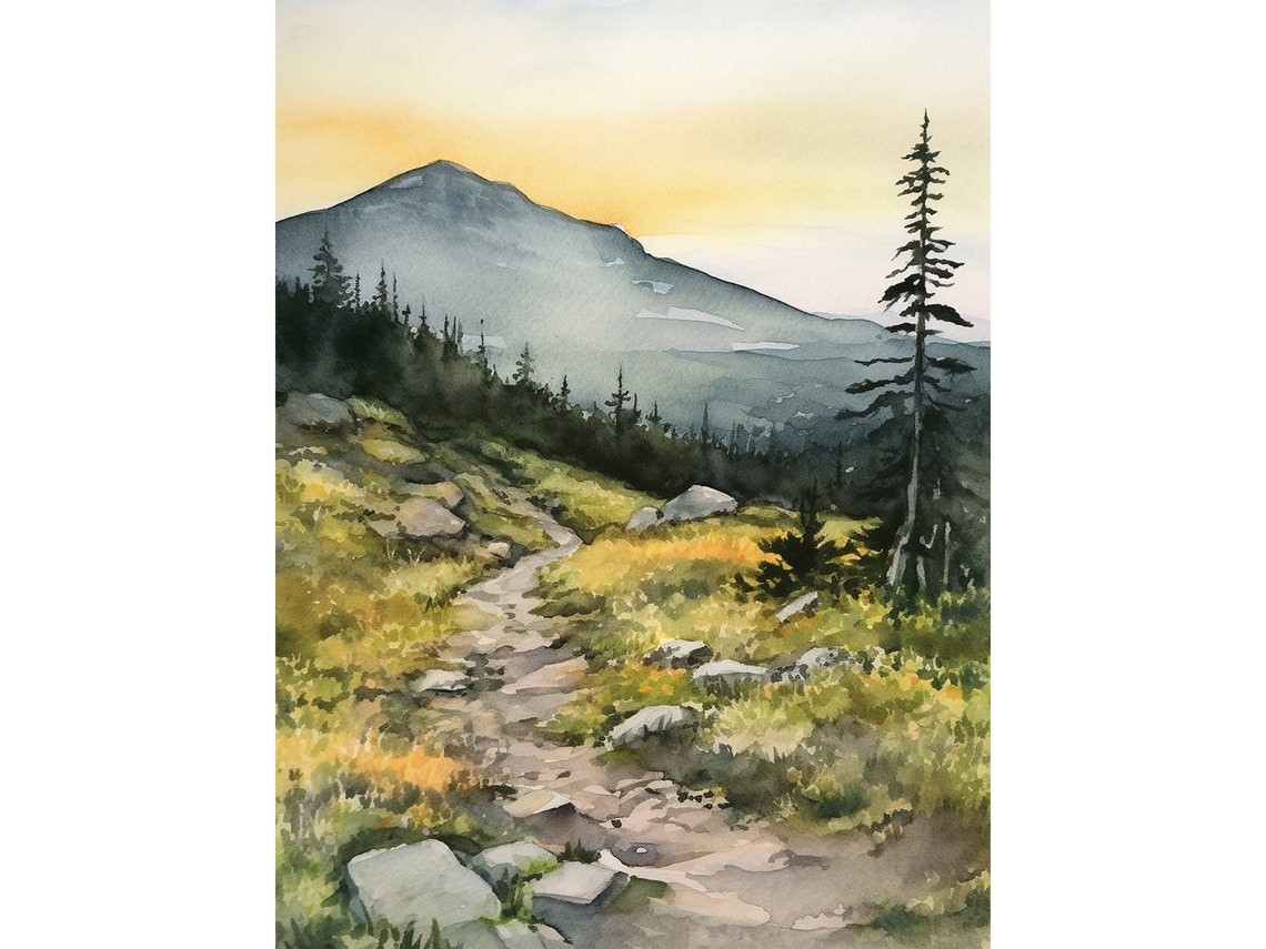 Rocky Mountain Hiking Trail to Misty Peak Sunset Watercolor Poster