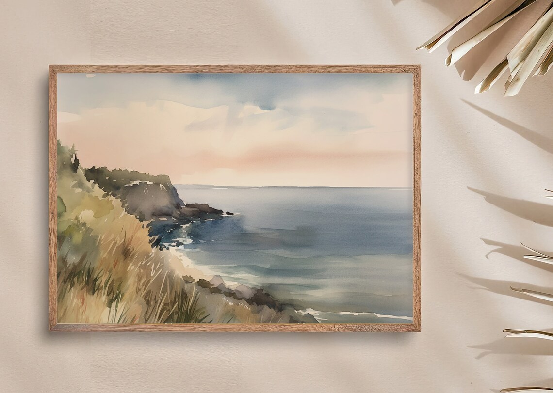 Cornwall Coastal Cliffs Rocky Shore and Calm Sea Watercolor Seascape Poster - Image 4