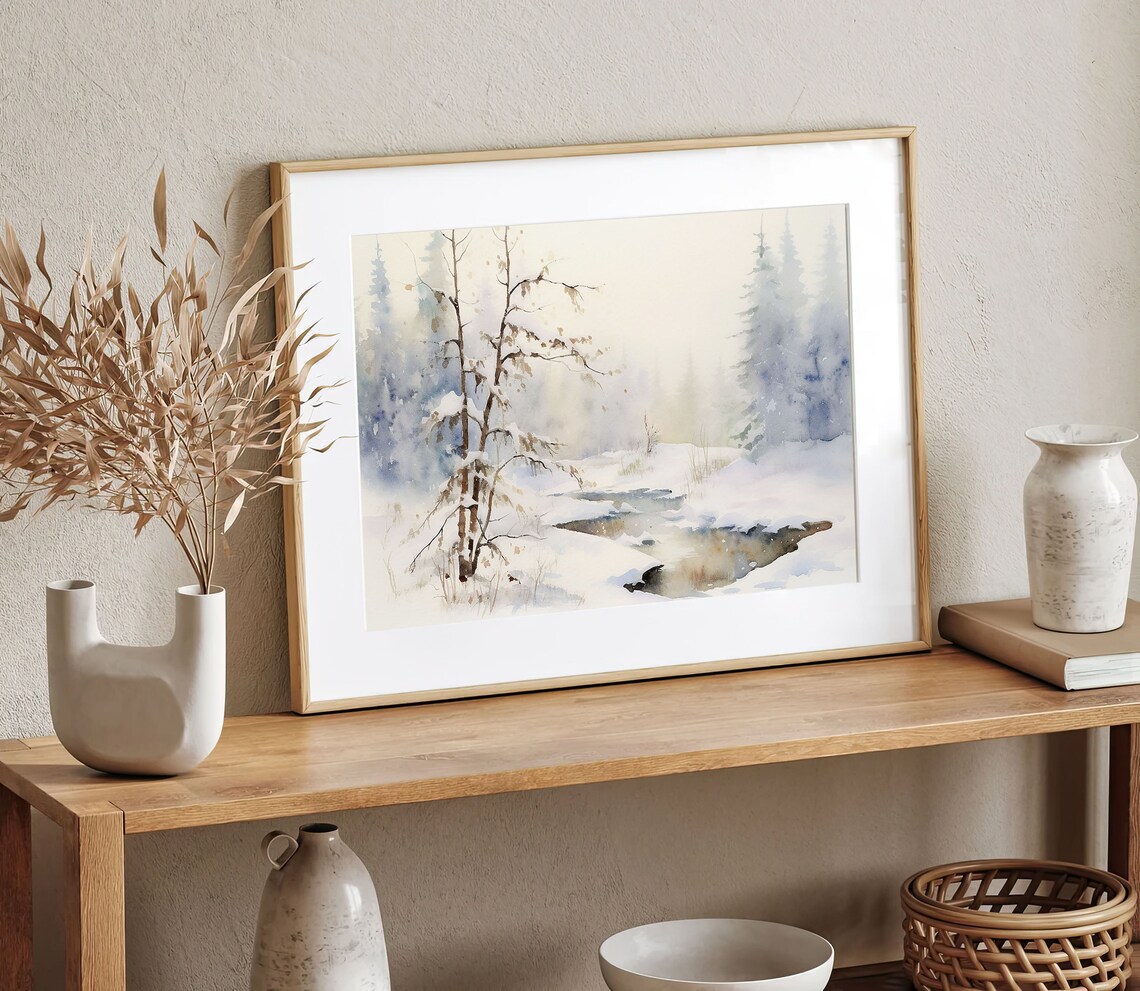Winter Scene Watercolor Snow Landscape Art Print - Image 2