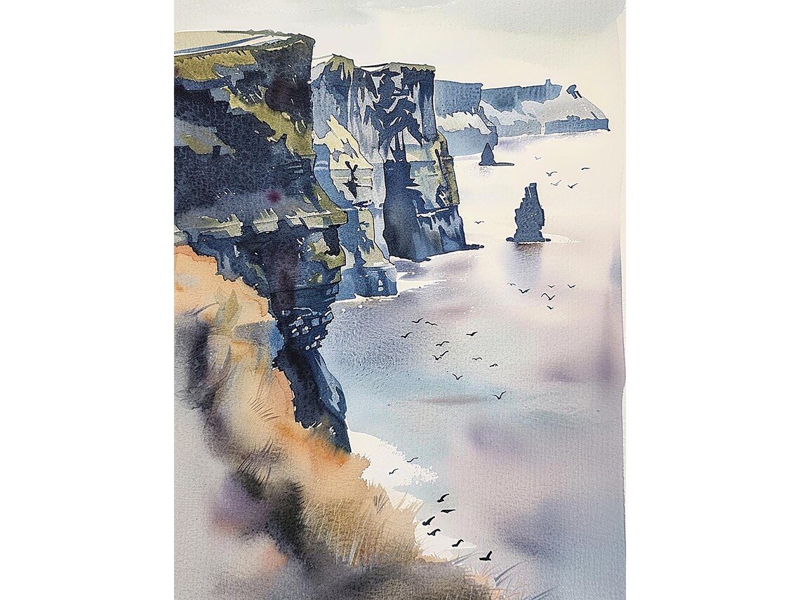 Cliffs of Moher Sunrise Sea Stacks and Seabirds Watercolor Ireland Poster