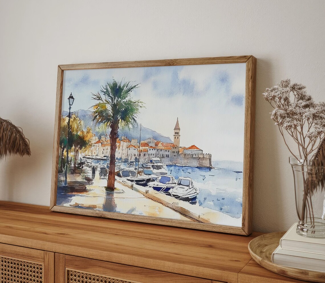 Croatia Coastal Watercolor Cityscape Art Print - Image 4