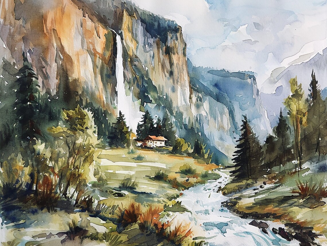 Staubbach Waterfall Switzerland Landscape Watercolor Art Print