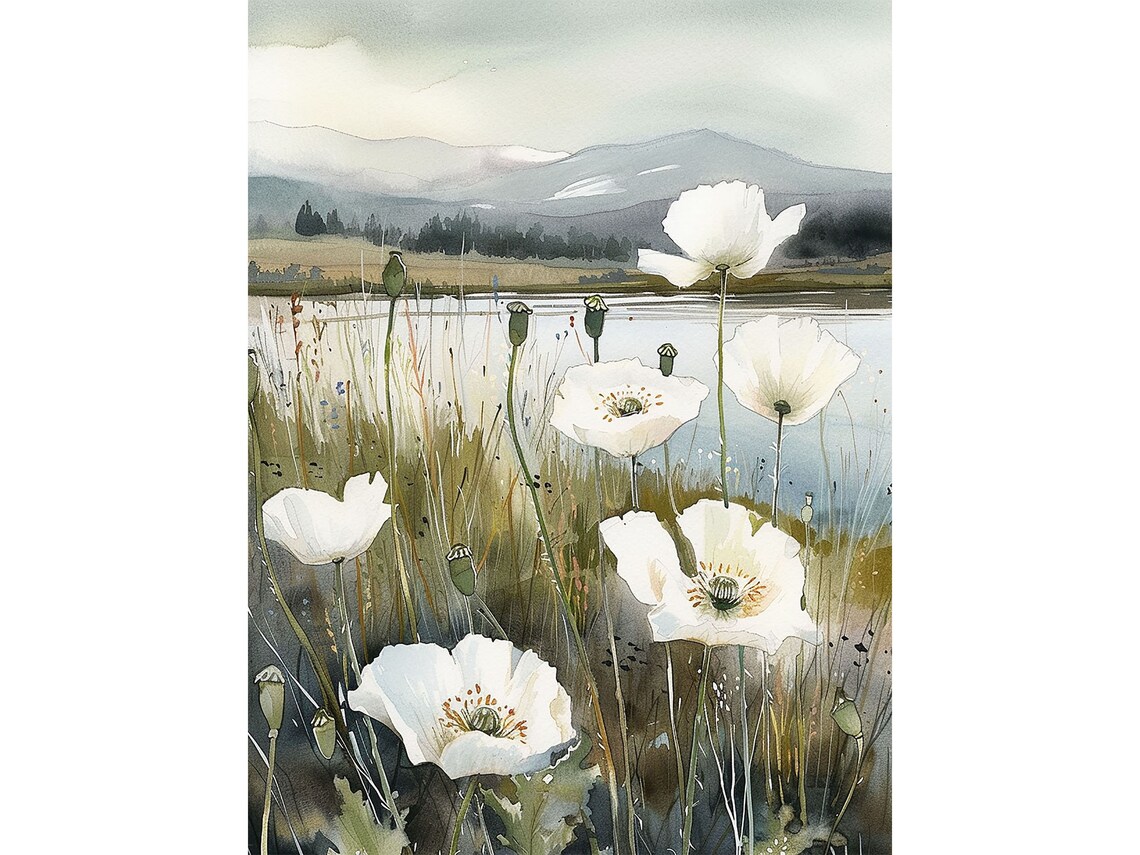 White Poppy Lakeside Meadow Watercolor Wildflower Field Poster
