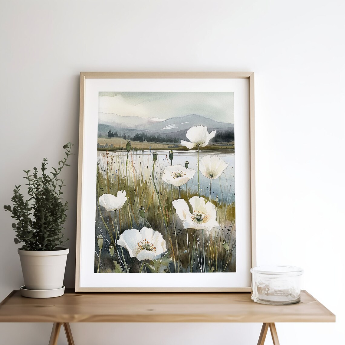 White Poppy Lakeside Meadow Watercolor Wildflower Field Poster - Image 5