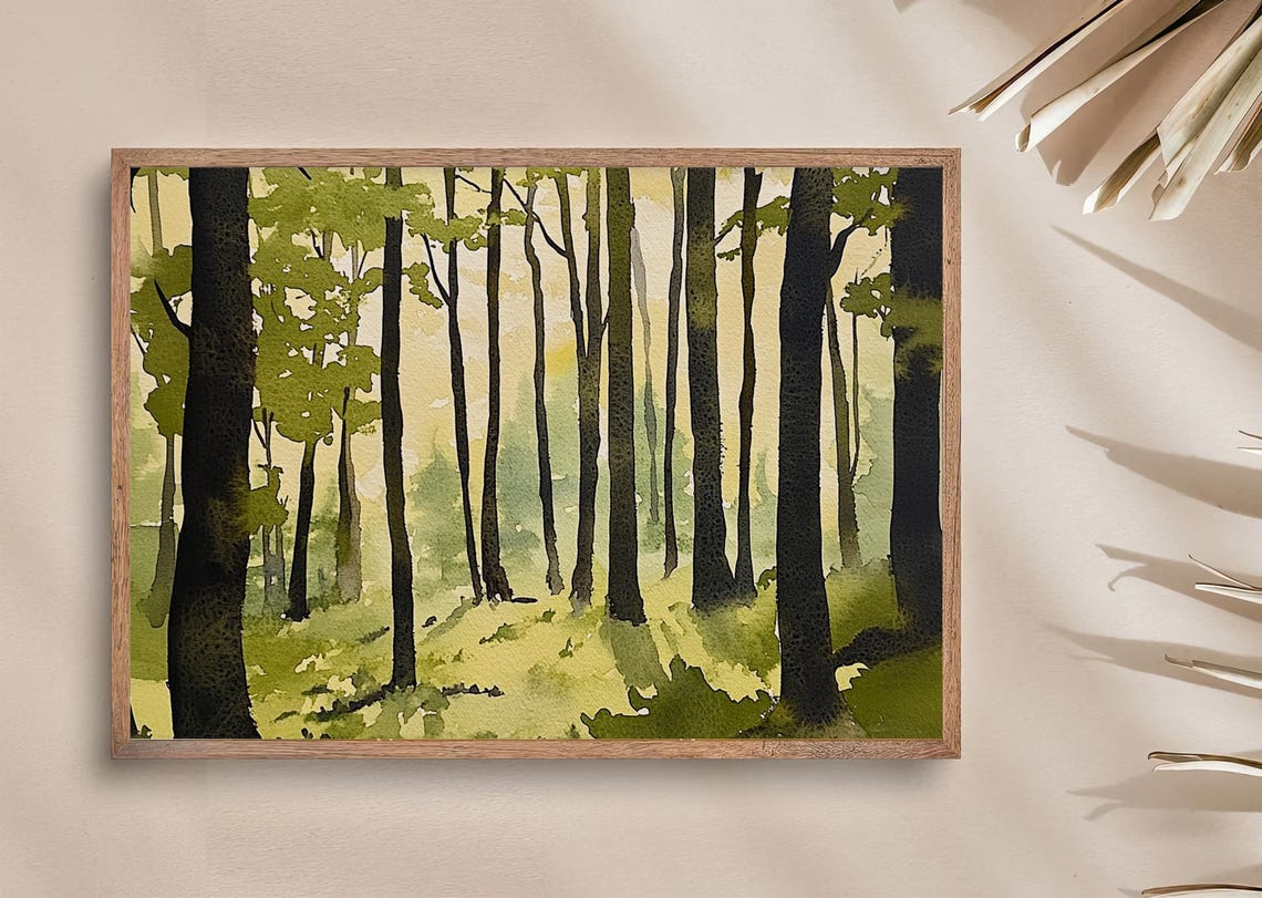 Sunlit Old Growth Forest Tall Green Trees Watercolor Woodland Poster - Image 3
