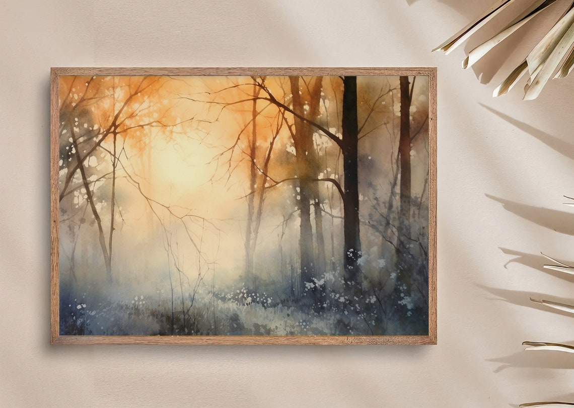 Misty Sunrise Forest Watercolor Woodland Golden Light Poster - Image 2