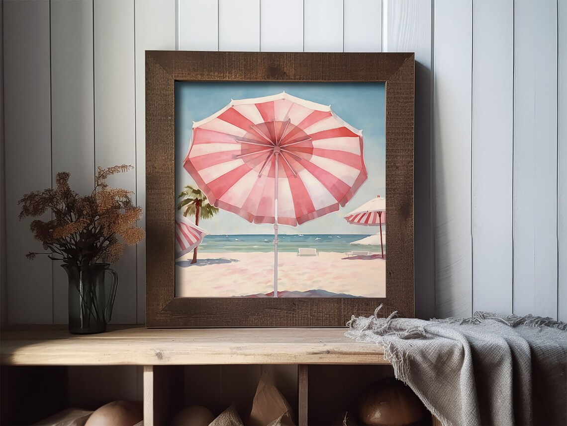 Beach Umbrella Painting, Retro Pink Watercolor Art - Image 2