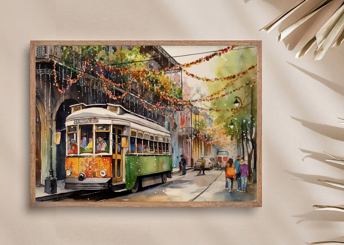 New Orleans Watercolor Streetcar Mardi Gras Art Print - Image 4